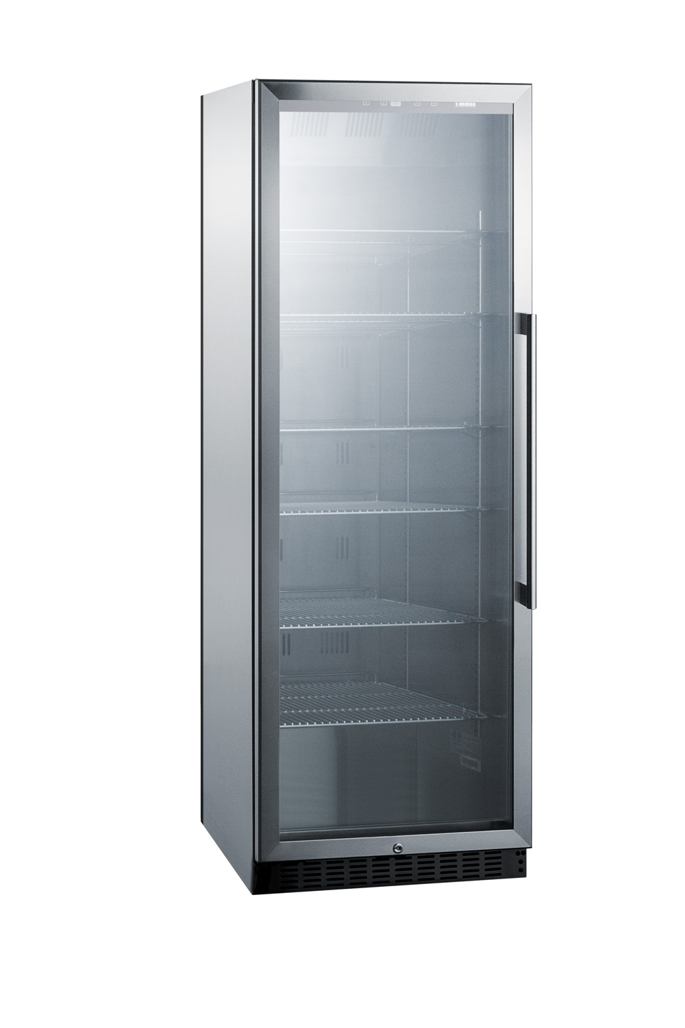 Full-size commercial beverage center with stainless steel interior, self-closing glass door, self-closing glass door with a left hand swing, and stainless steel wrapped cabinet